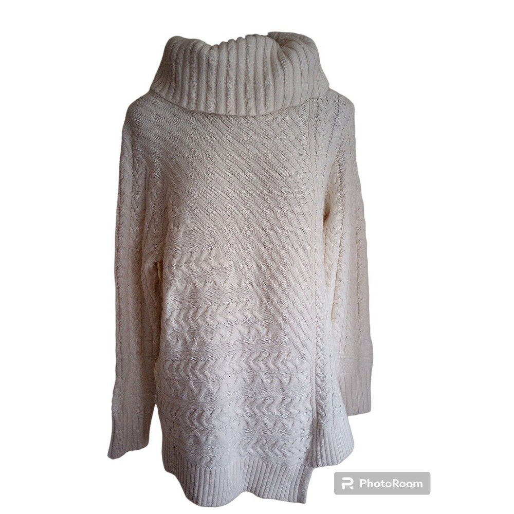 L.L. Bean Cable Knit Sweater IVORY Wool Blend Turtleneck Pullover Womens L